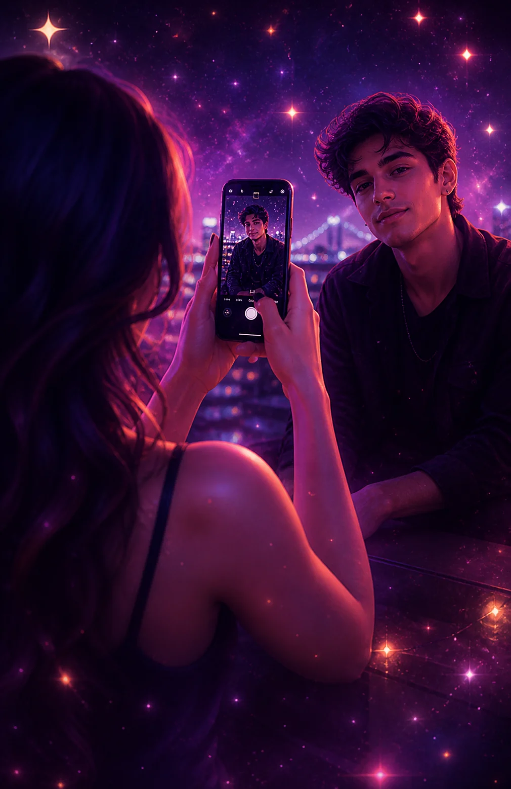 Photographing an outfit under a sparkling night sky