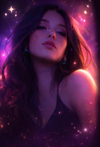 Neon portrait glowing with violet and pink light